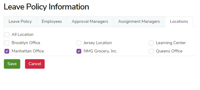 Location-based only: select the location(s) you want this Leave Policy to apply to