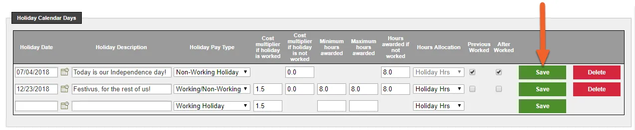 Save each holiday and its pay rules