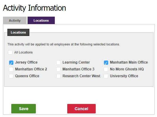 Select the Locations tab to assign the activity