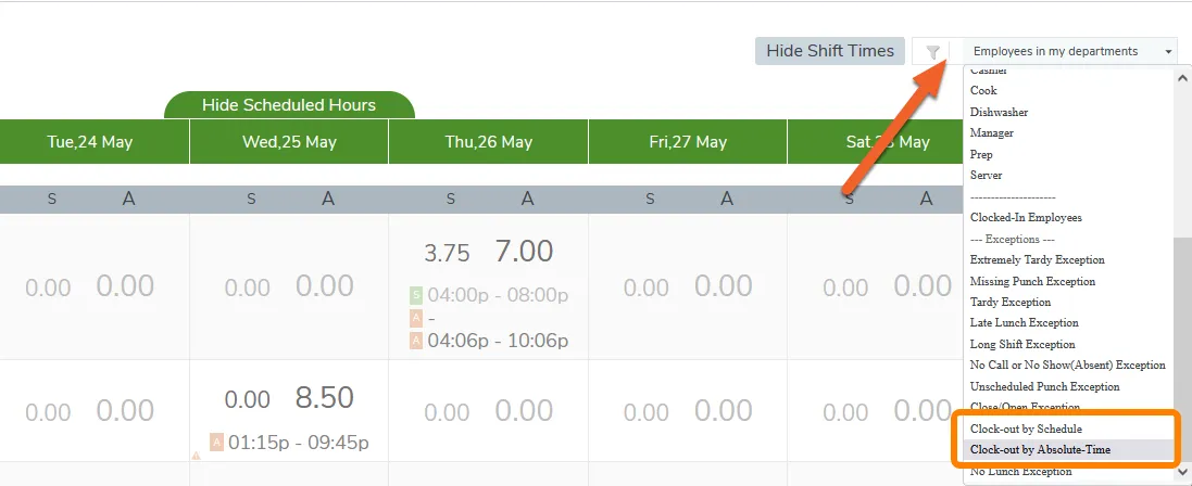 Viewing Automatic Clock Outs in Manage Attendance