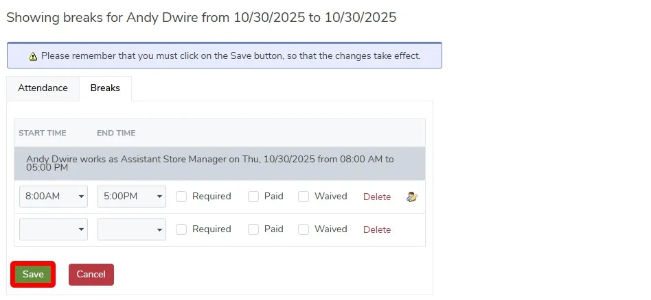 Add or edit employee breaks.