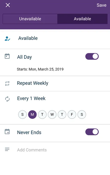 Select Available or Unavailable, then fill out the request