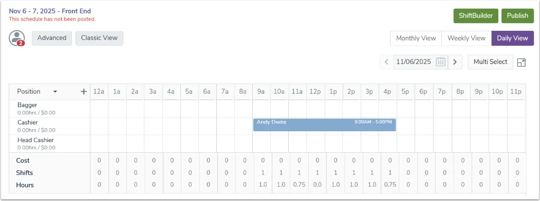 Create employee schedules using different views - Daily View