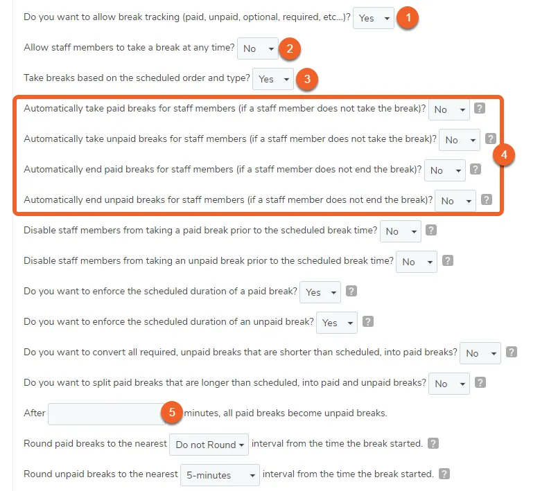 Set the employee breaks options