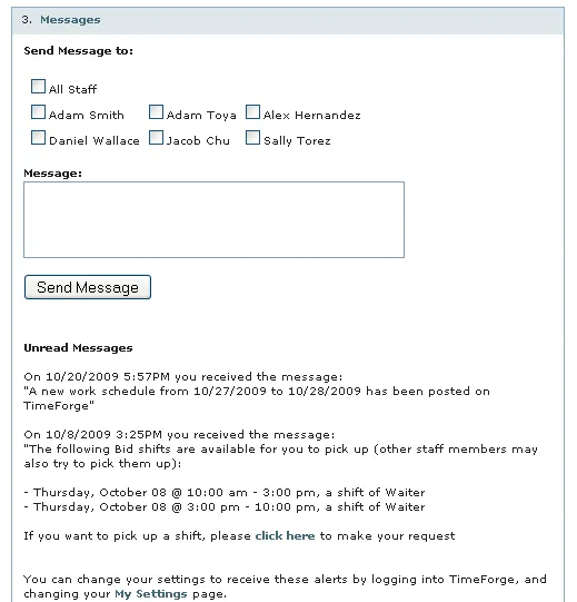 View or Send Staff Member Messages using TimeForge