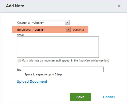 Manager Log “Add Note” Form