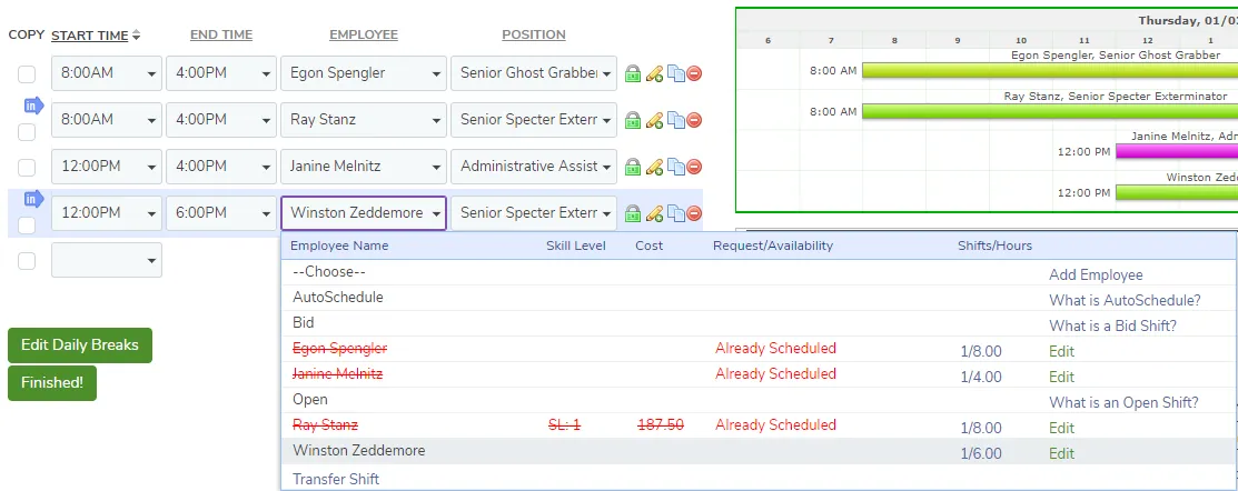 Use the Daily view to create employee schedules