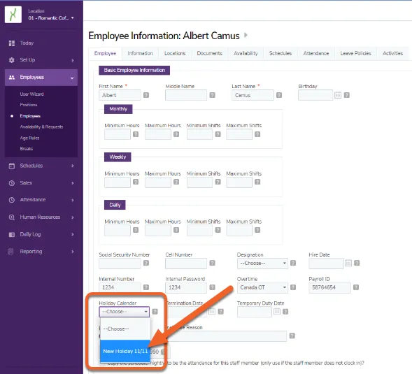 Adding the holiday calendar to an employee’s profile