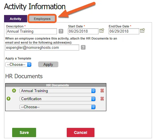 Select the Employees tab to assign the activity