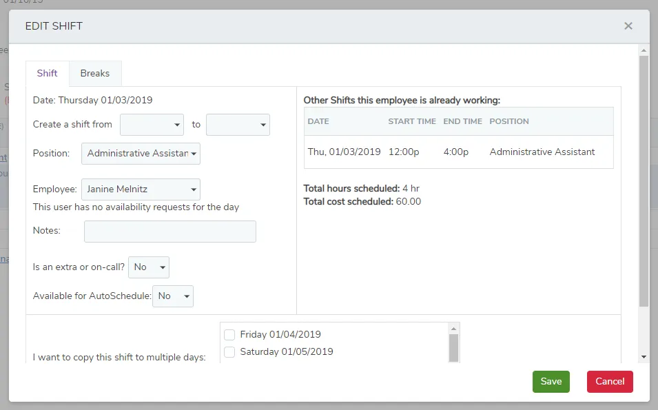Create your employee schedule with the “Add/Edit Shift” pop-up in the Weekly View