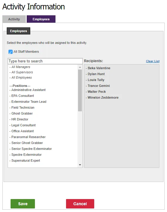 Select the Employees tab to assign the activity
