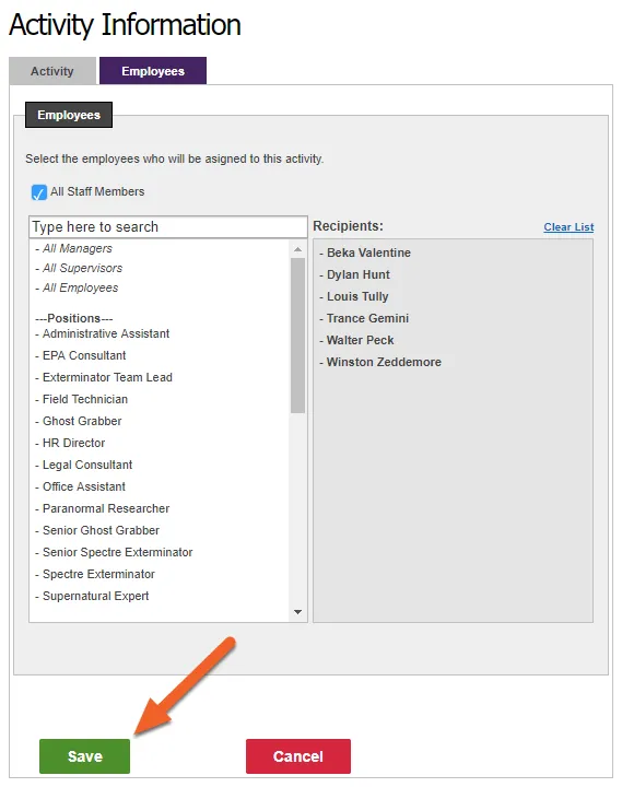 Click Save to save your new HR Activity